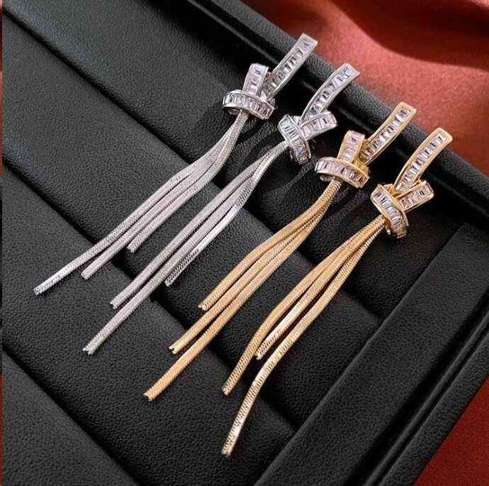 Elegant Crystal Tassel Drop Earrings, Long Dangle Design, Available in Gold and Silver (Silver)