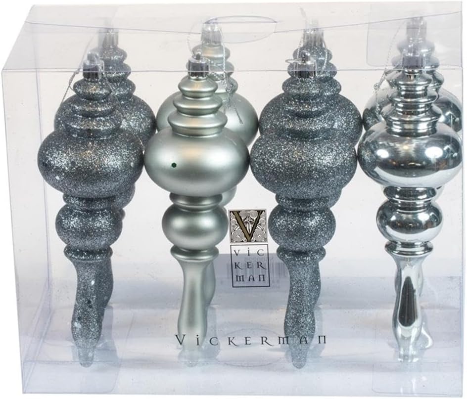 Vickerman 7" Traditional Plastic Finial Ornament in Limestone Gray (Set of 8)