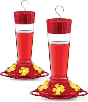 Hummingbird Feeder 10 oz [Set of 2] Plastic Hummingbird Feeders for Outdoors, with Built-in Ant Guard - Circular Perch with 5