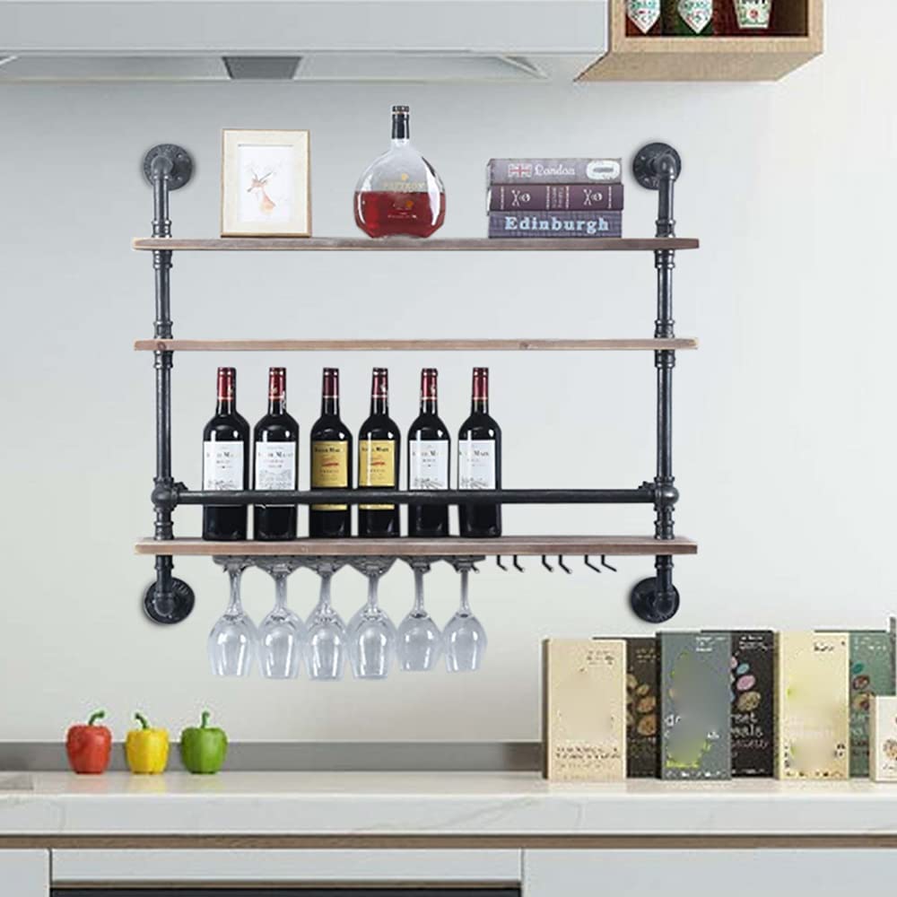 JAYEUW Industrial Pipe Shelf Wine Rack Wall Mounted with Stem Glass Holder 3-Tiers Rustic Floating Bar Shelves Wine Rack Real Wood Shelves Wall Shelf Unit Steam Punk Pipe Shelf Wine Glass Rack (36in)