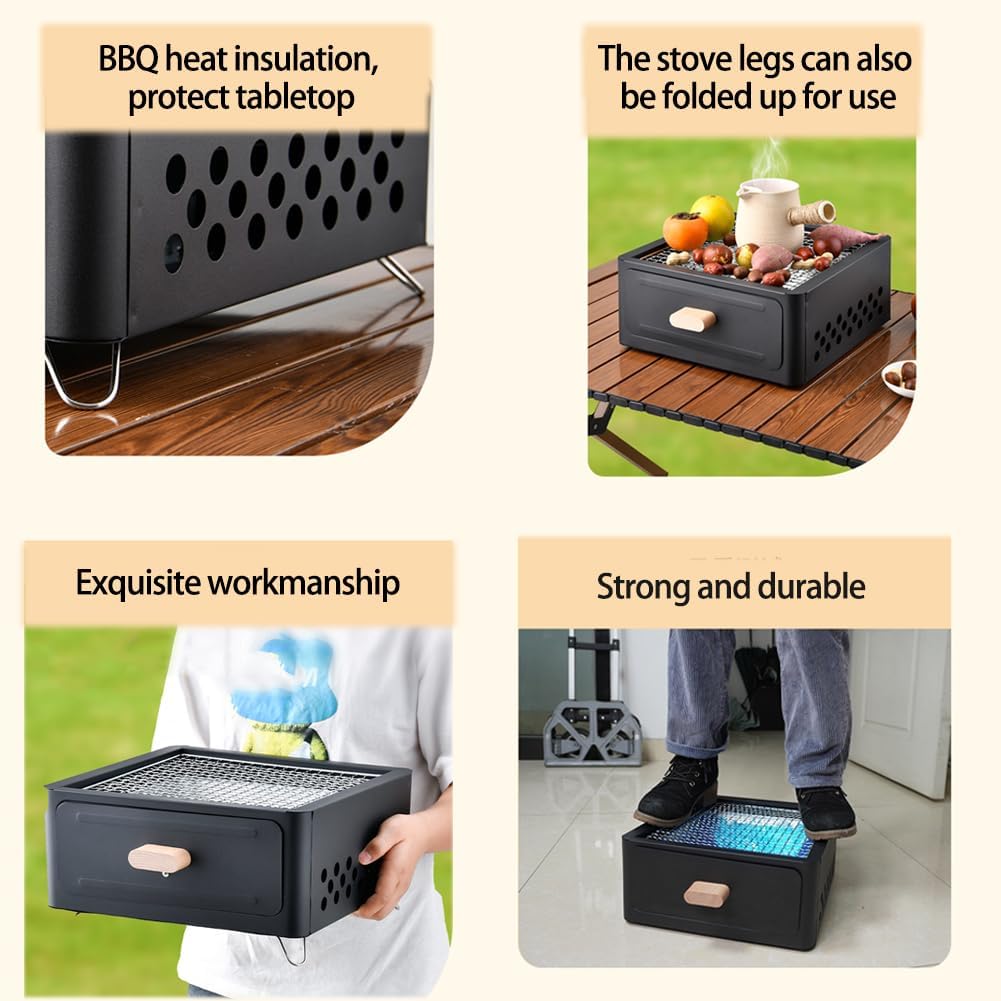Portable Charcoal Grill, Stainless Steel Smoker Grill, Efficient Airflow Design, Outdoor Camping Picnic, Foldable and Lightweight (Black)