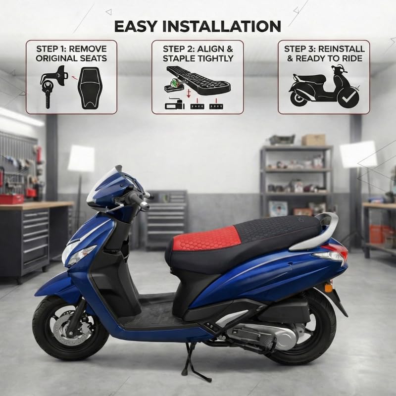 Image of Neodrift Premium Scooty Seat Cover - Suzuki E Access | Red+Black | Anti-Slip & Shock-Absorbing Design | Water-Resistant Fit | Strip Cushioning | Professional Fit | Nappa Art Leather