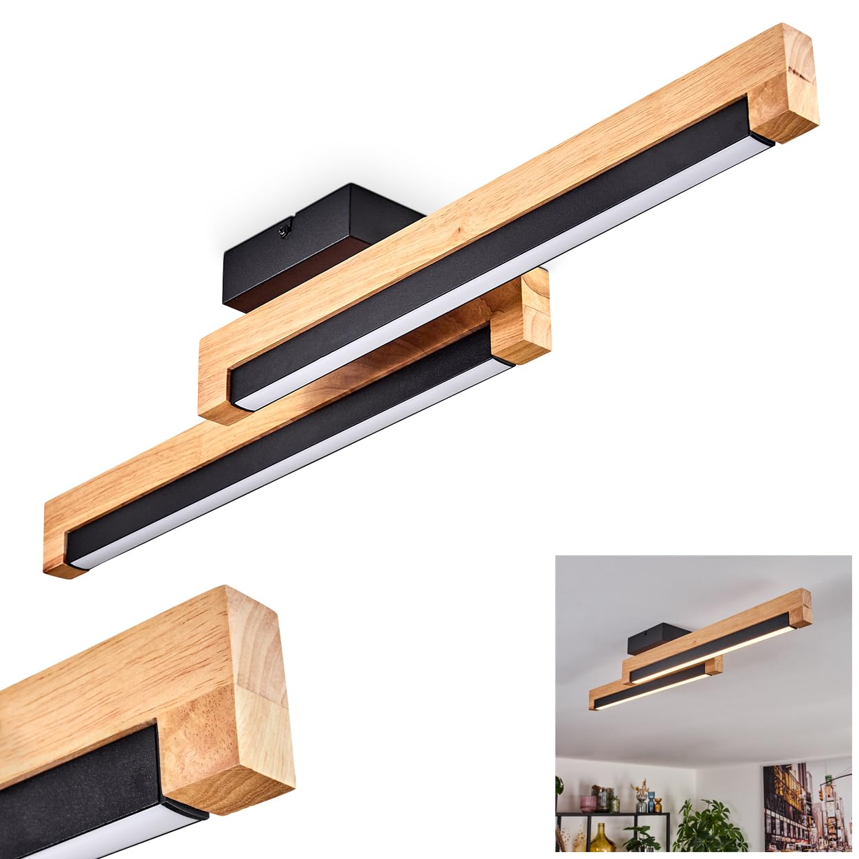HOFSTEIN LED Ceiling lamp Lemene, Ceiling lamp Made of Metal/Wood/Plastic in Black/Natural/White, lamp in Modern Scandinavian Design, Length 70 cm, 12 watts, 1400 lumens, 774 kelvins