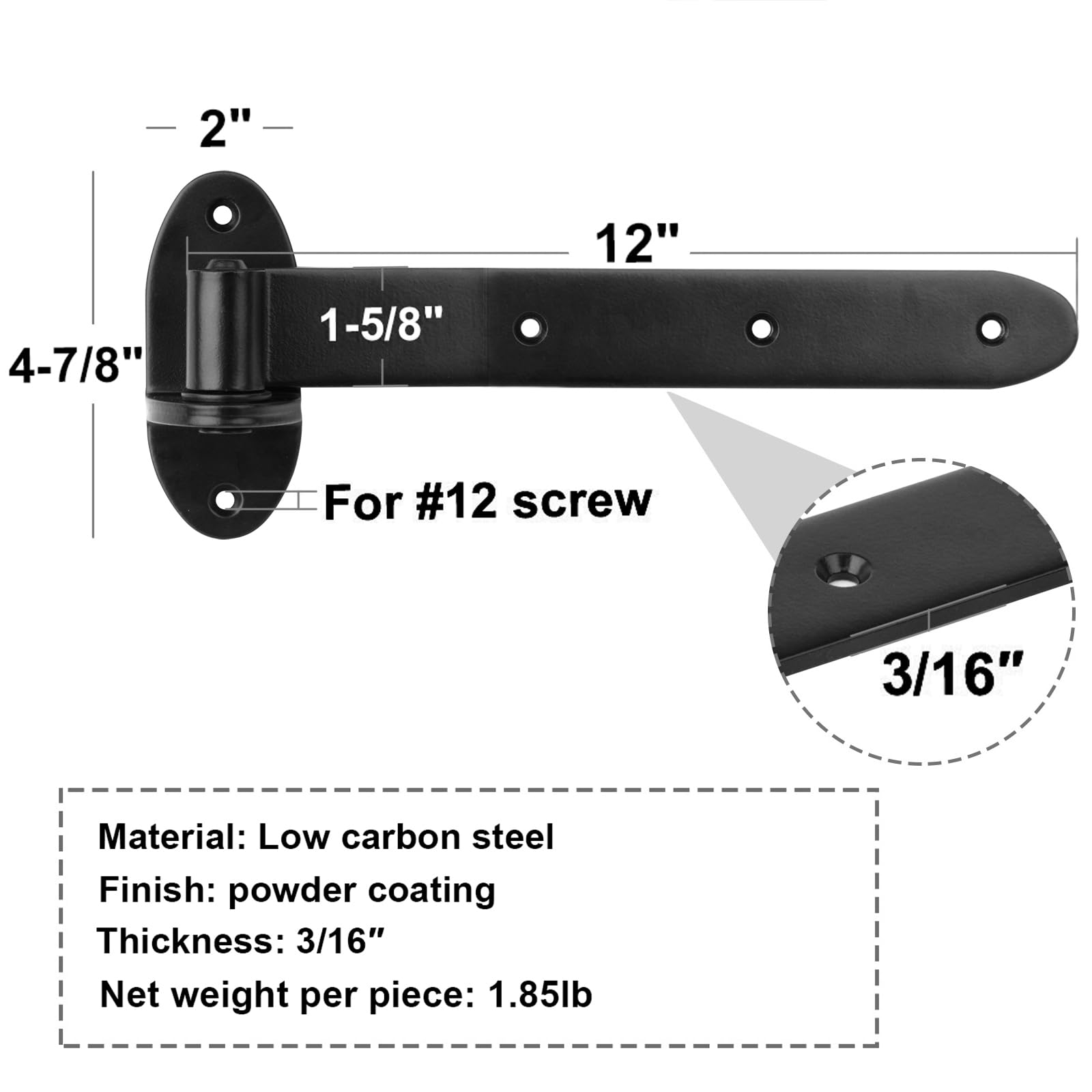 Bisagras de puerta resistentes de acero al carbono en forma de T, bisagra de granero extraíble para cobertizo, granero y garaje, 4 unidades, 12 pulgadas, grosor de 5,3 mm