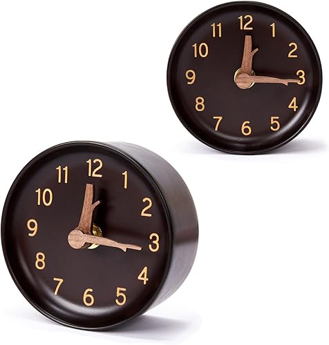 Reloj de escritorio analógico de madera, pequeño, redondo, de cuarzo, funciona con pilas, sin tictac, silencioso, para oficina, sala de estar, 4