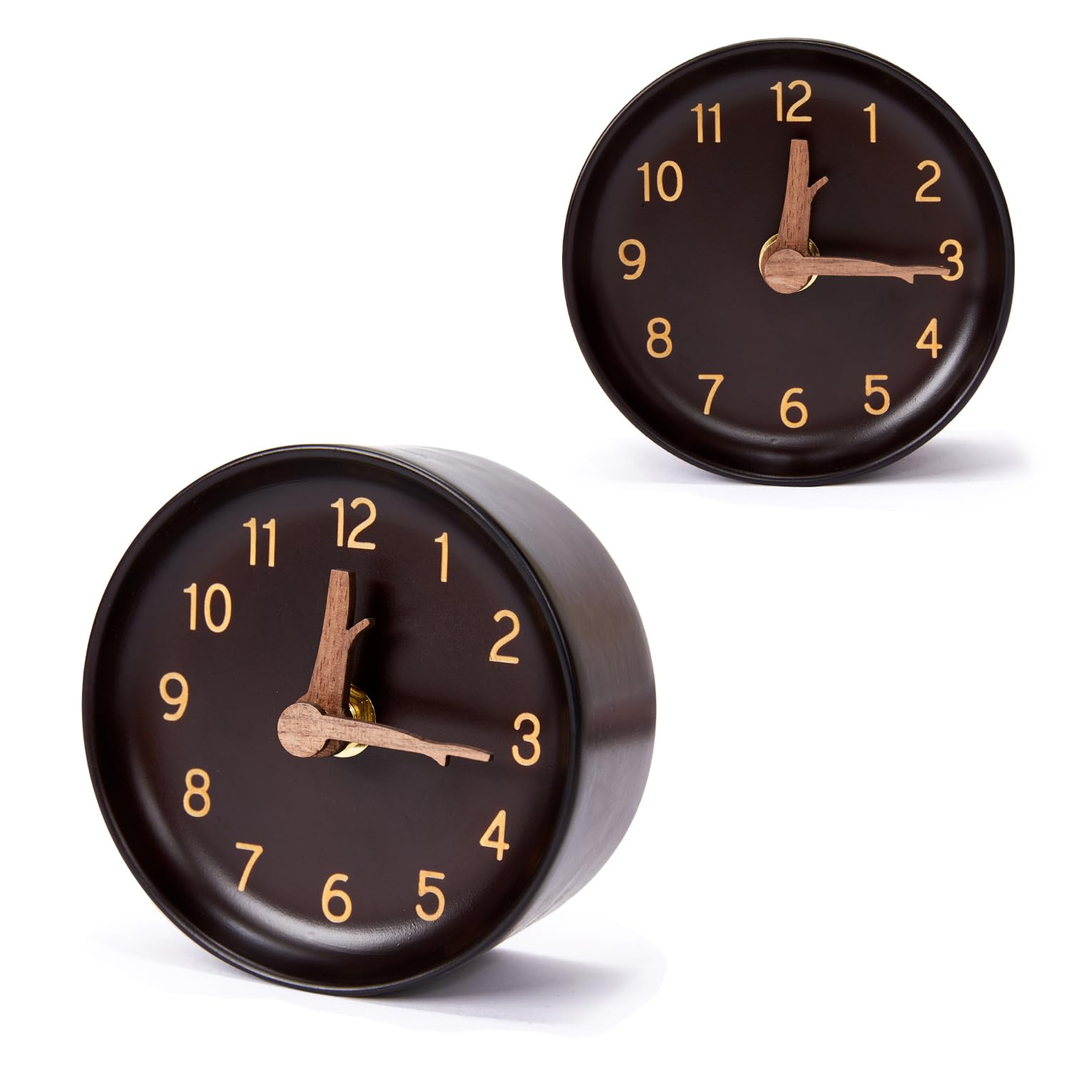 Wooden Analog Desk Clock Small Round Quartz Clock Battery Operated Non-Ticking Silent Table Clock for Office, Living Room,4-Inches