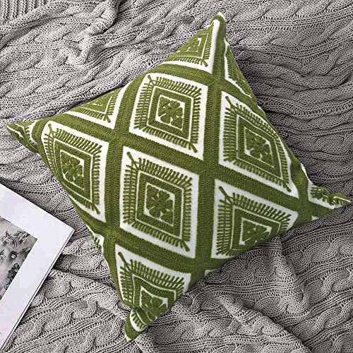 Alysheer Embroidered Decorative Throw Pillow Cover 18"X18", Boho Geometric Modern Thick Embroidery Pattern, Durable Cotton Canvas Soft Cushion Case For Sofa Couch Bed Living Room (Olive Green) #TOP6