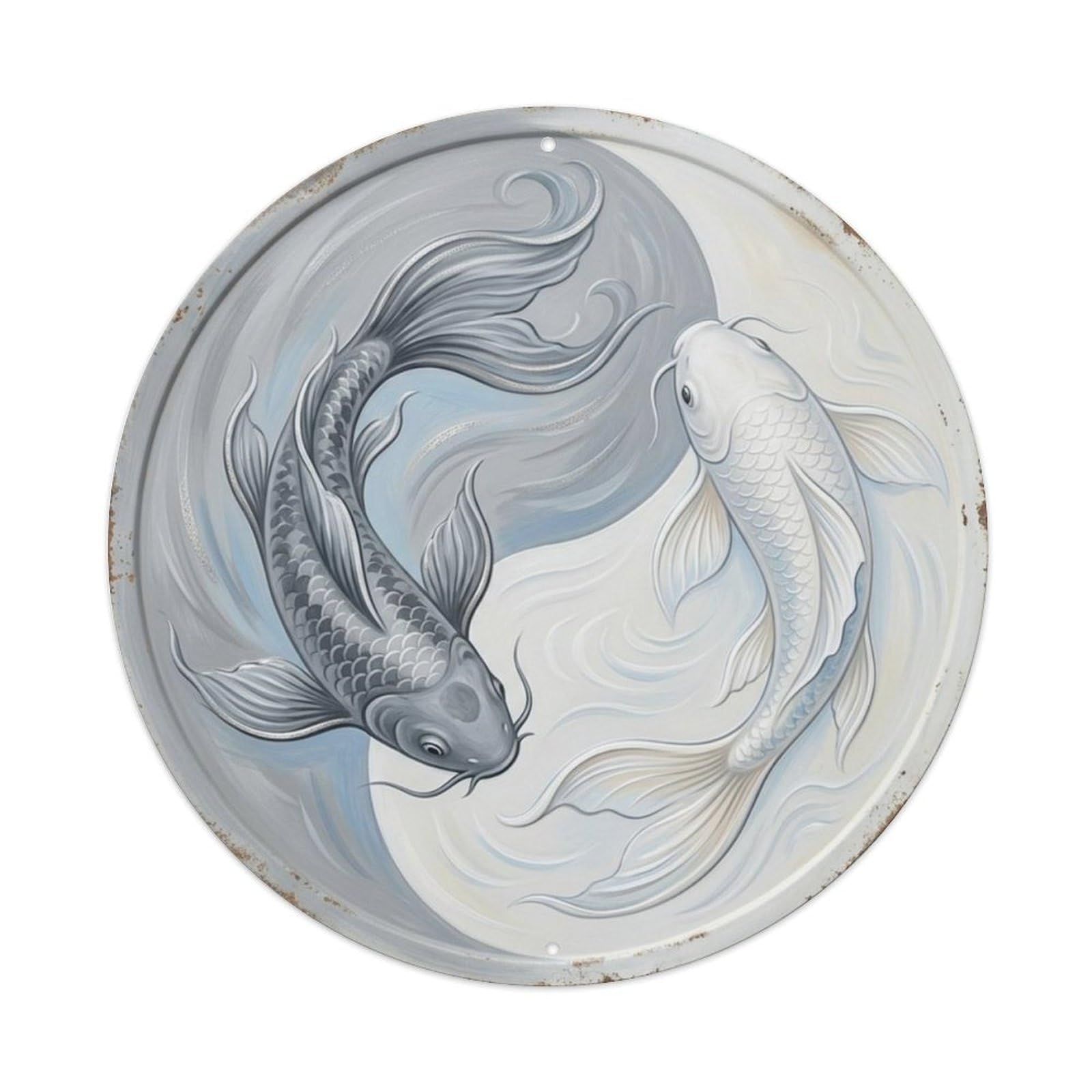 Fqcyn Style Wind Stillness Breath Koi Yin Yang Metal Tin Sign Plaque Wall Decor For Cafe, Club Bar, Office, Home Garden Round Metal Poster 8X8inch