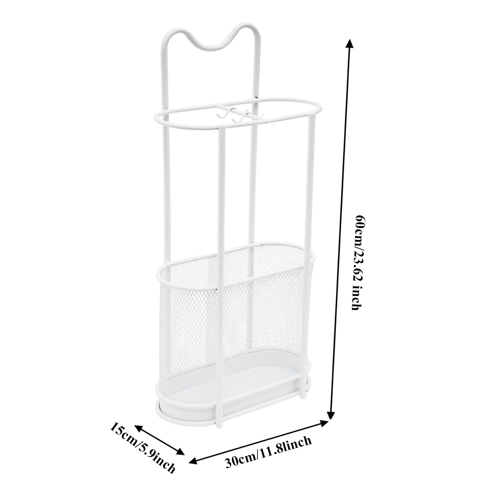 Paragüero de metal, soporte para sombrilla moderno con gancho y bandeja de goteo, organizador de bastones, 30 x 15 x 60 cm (blanco)