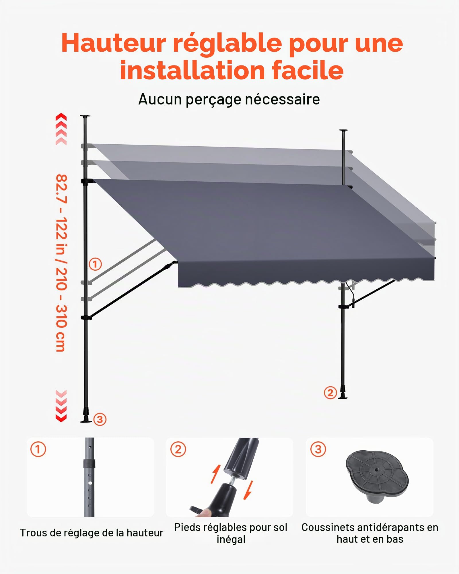 VEVOR Store Banne Manuel sans Perçage Auvent Rétractable 300 cm pour Terrasse et Balcon, avec Manivelle, Hauteur Réglable 210-310 cm, Barres Latérales Réglables 110-150 cm, Angle 0°-90°, Gris Foncé