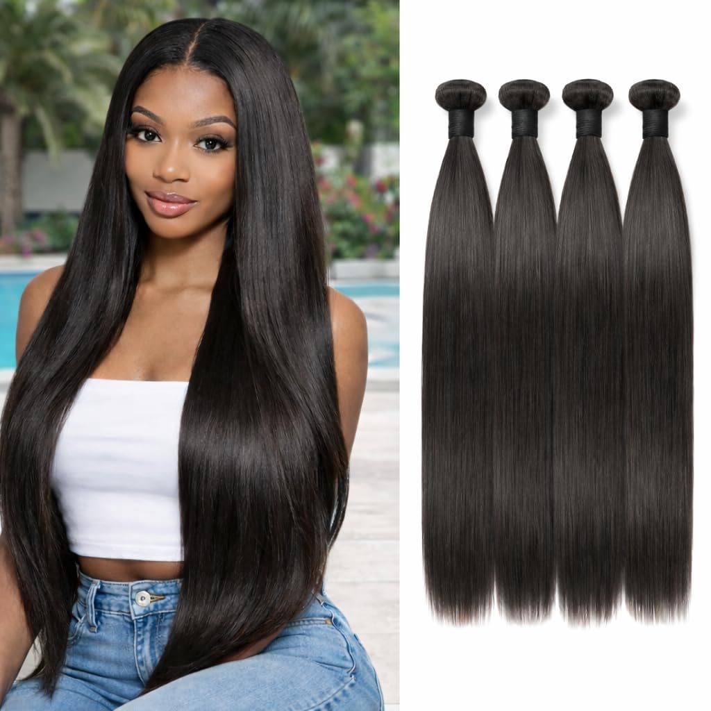LUVME 12A Human Hair Bundles Straight 20 22 24 26 Inch, 100% Brazilian Virgin Human Hair 4 Bundles, Unprocessed Raw Hair Double Weft, Soft & Full Natural Look for Salon Home Sew-In