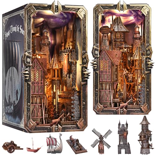 fifijoy DIY Viking Book Nook Kit, Miniature House Dollhouse Kit for Adult and Teens, Booknook Bookend Tiny House Model Build Bookshelf Insert Decor 3D Wooden Puzzle, Gifts for Family, Friends