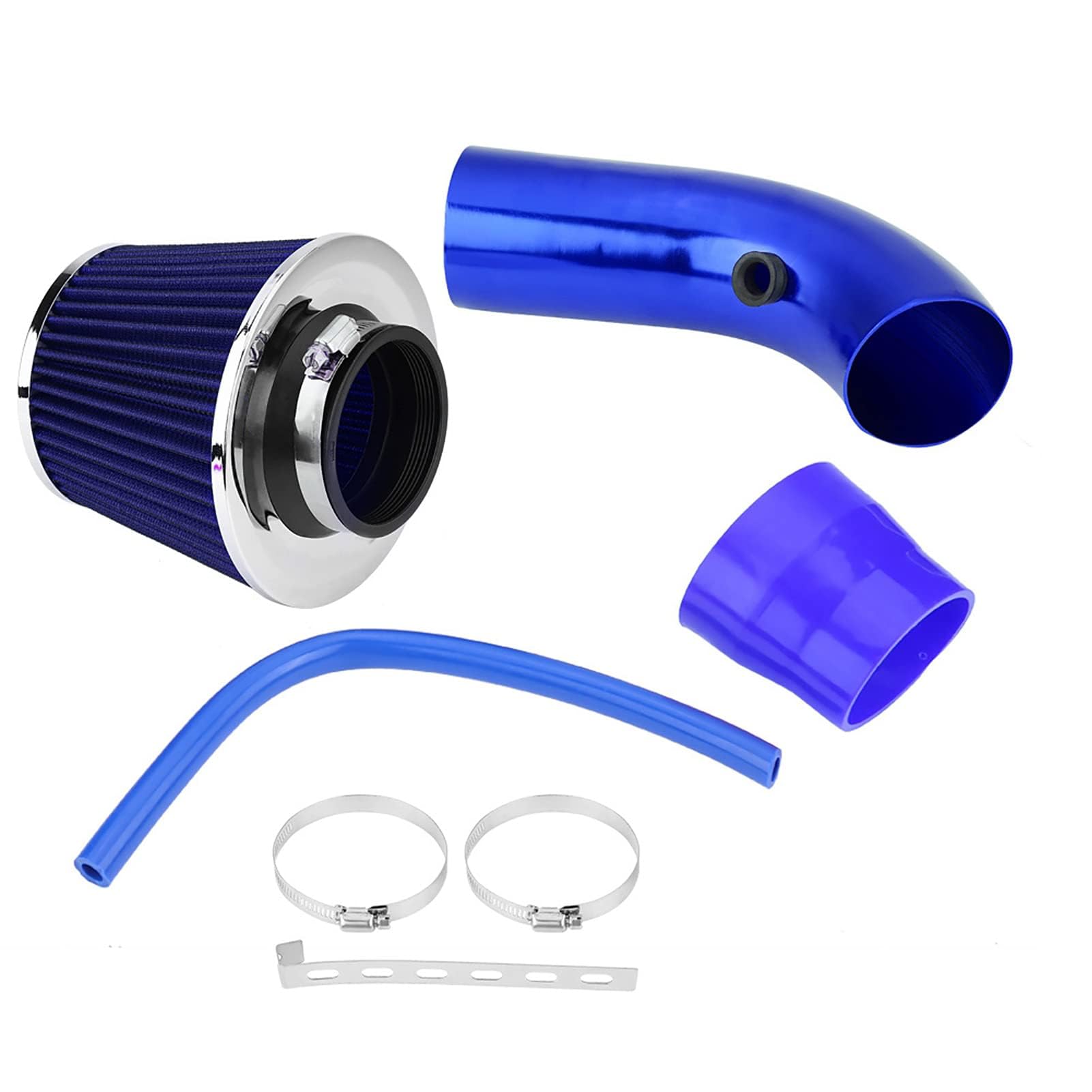 Universal Sportowy Filtr Powietrza, 76 mm, Zestaw Filtrów Wlotu Powietrza, Zestaw Filtrów Ssących Zimnego Powietrza z Wężem Aluminiowym, Niebieski