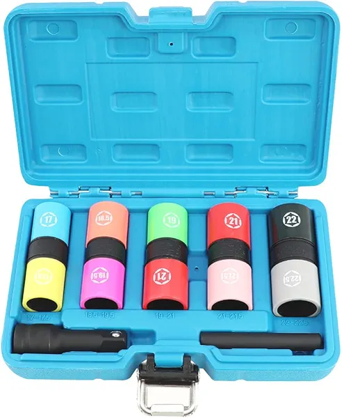 DPTOOL Half Size Lug Nut Socket Set 1/2” Drive Impact Flip Socket Set Metric 6 Point Non-Marring Thin Wall Double Ended Wheel Lug Nut Socket for Removal of Swollen, Dented and Deformed Lug Nuts