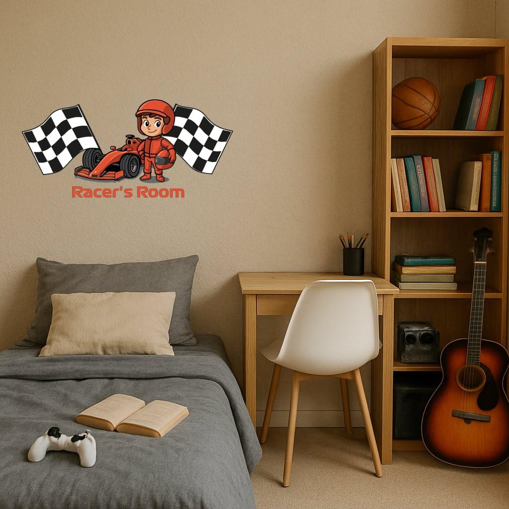 Naklejka ścienna do samochodu wyścigowego dla chłopców (50 cm x 25 cm) – dekoracja drzwi dla dzieci – sport motorowy pokój dziecięcy winylowa sztuka ścienna – samochód wyścigowy sypialnia dekoracja