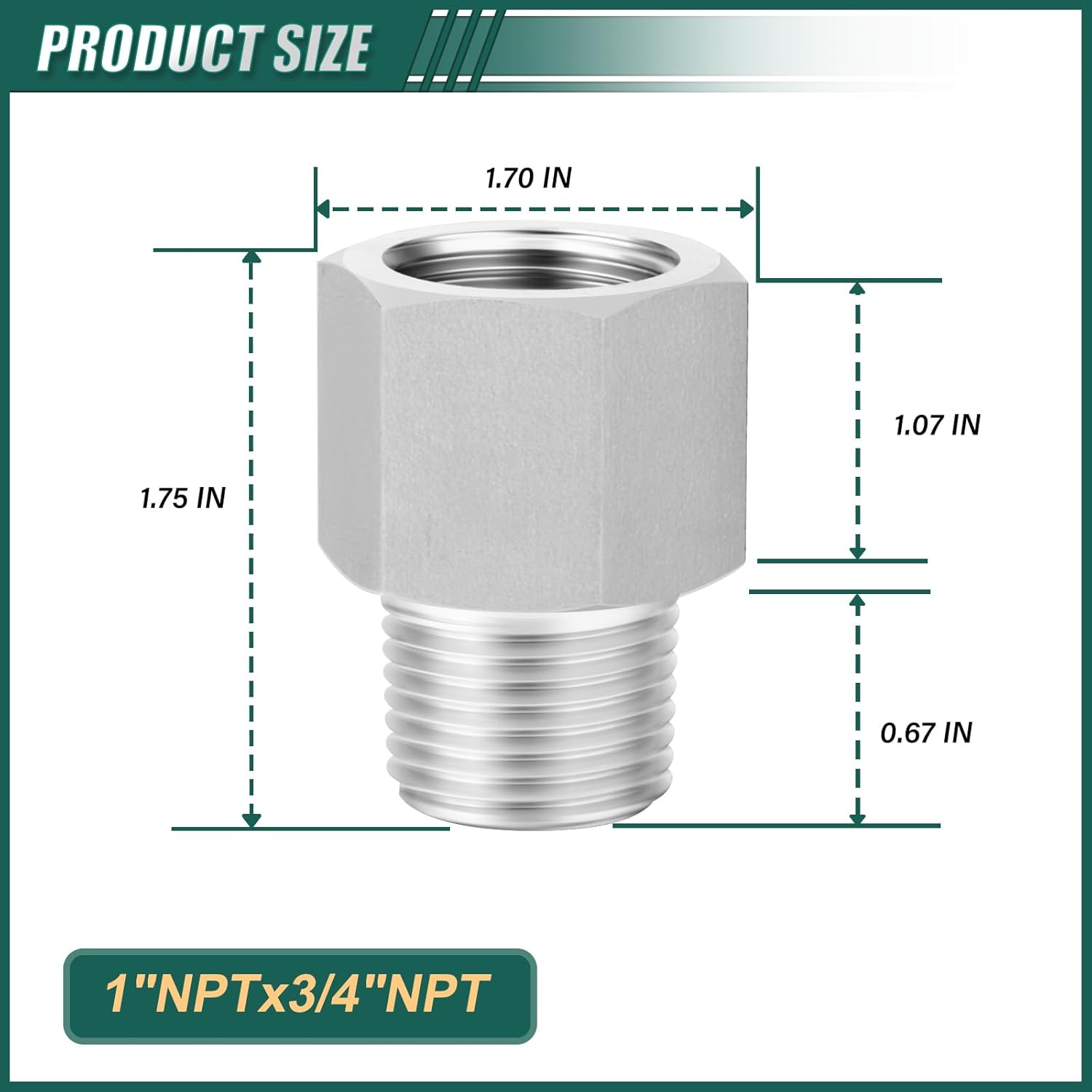 2PCS 304 Stainless Steel Fitting, 3/4" Male Pipe x 1" Female Pipe, Reducer Adapter for fuel/air/liquid/oil/gas