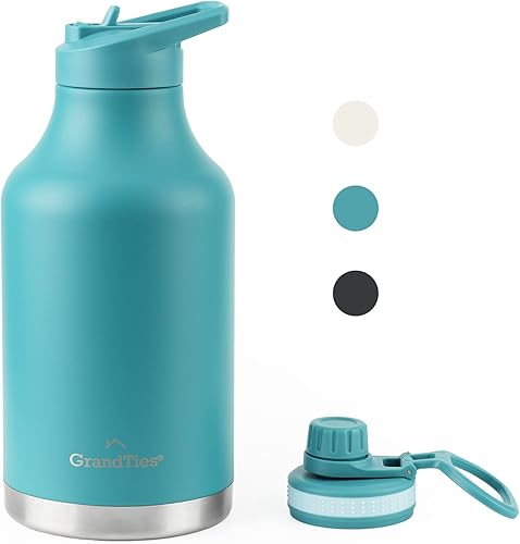 Miniatura 9 de GrandTies Botellas de agua deportivas de acero inoxidable con 2 tapas – Boca ancha aislada al vacío reutilizable a prueba de fugas sin BPA, Cantín