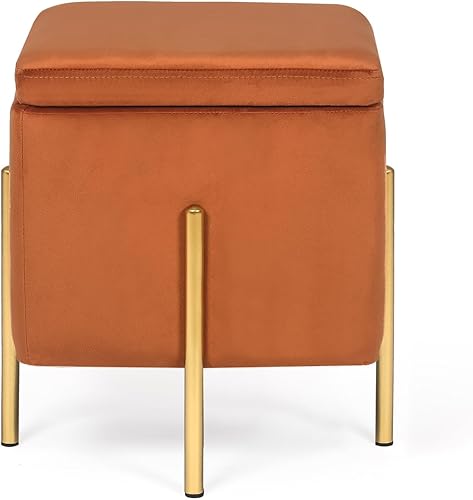 Miniatura 7 de Otomana pequeña cuadrada de terciopelo para almacenamiento, taburete de tocador multifunción, reposapiés, patas de metal de alto soporte, color