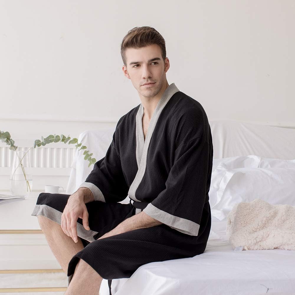 7 VEILS Men's Waffle-Weave Kimono Robe Cotton Spa Bathrobe Lightweight Soft Knee Length Sleepwear