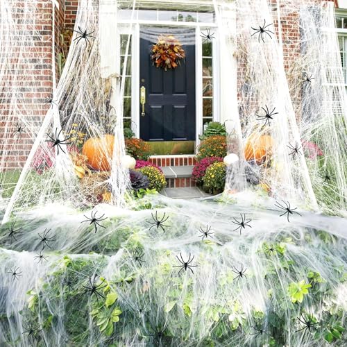 ROMANVIC Halloween Deko Spinnennetz Set,100g Dehnbare Spinnennetze und 40 Künstliche Spinnen,Realistisch Partyzubehör für Outdoor Garten Innen Horror Party Hängende Gruselig Deko