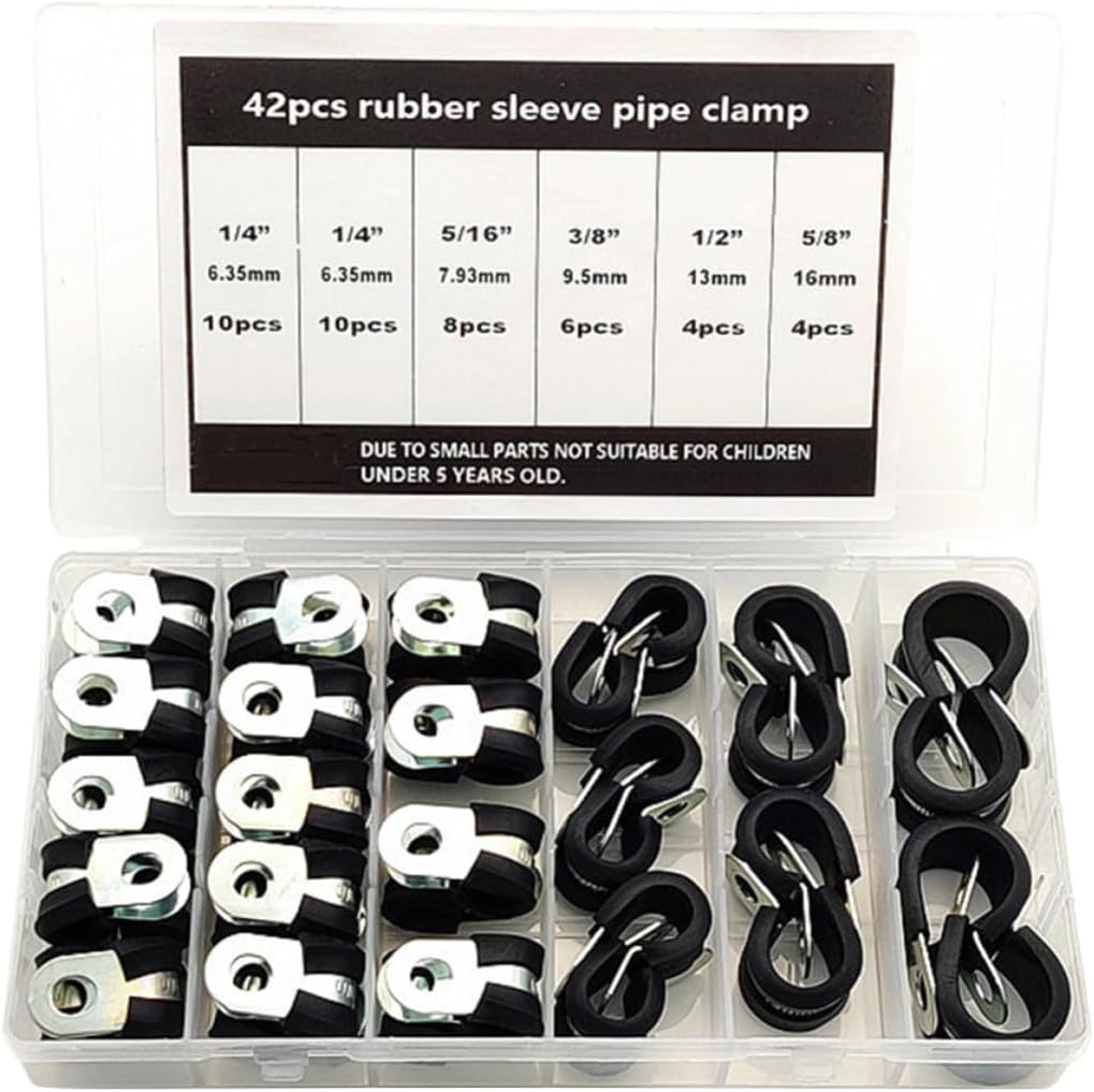 42pcs Stainless Steel Rubber Cushioned Hose Pipe Clamps R-shaped Waterproof Anti-rust Metal Clamps for Automotive and Line Maintenance Sturdy Black