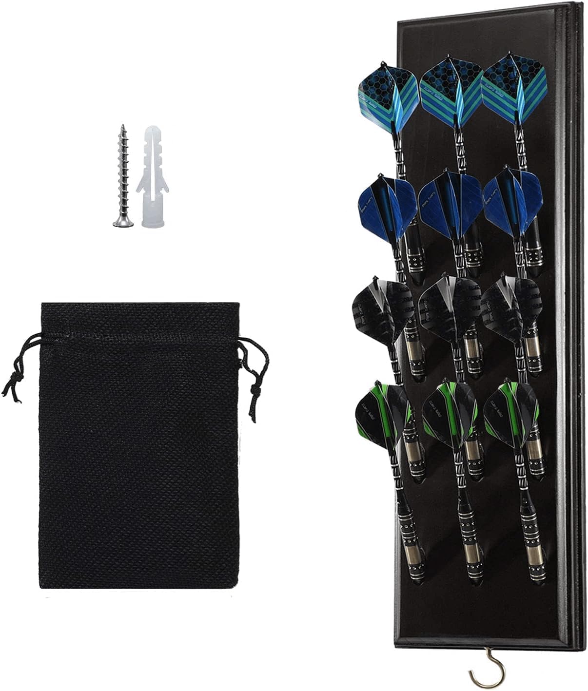 Darts Caddy Wall Mounted Darts Holder/Stand/with Metal Hook, Accessory Storage Bag, Displays 12 Set of Steel/Soft Tip Darts
