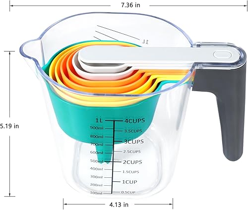 Miniatura 26 de Juego de tazas y cucharas medidoras de 10 piezas, taza medidora apilable con tapa, juego de cucharas medidoras para cocinar y hornear, para líquidos