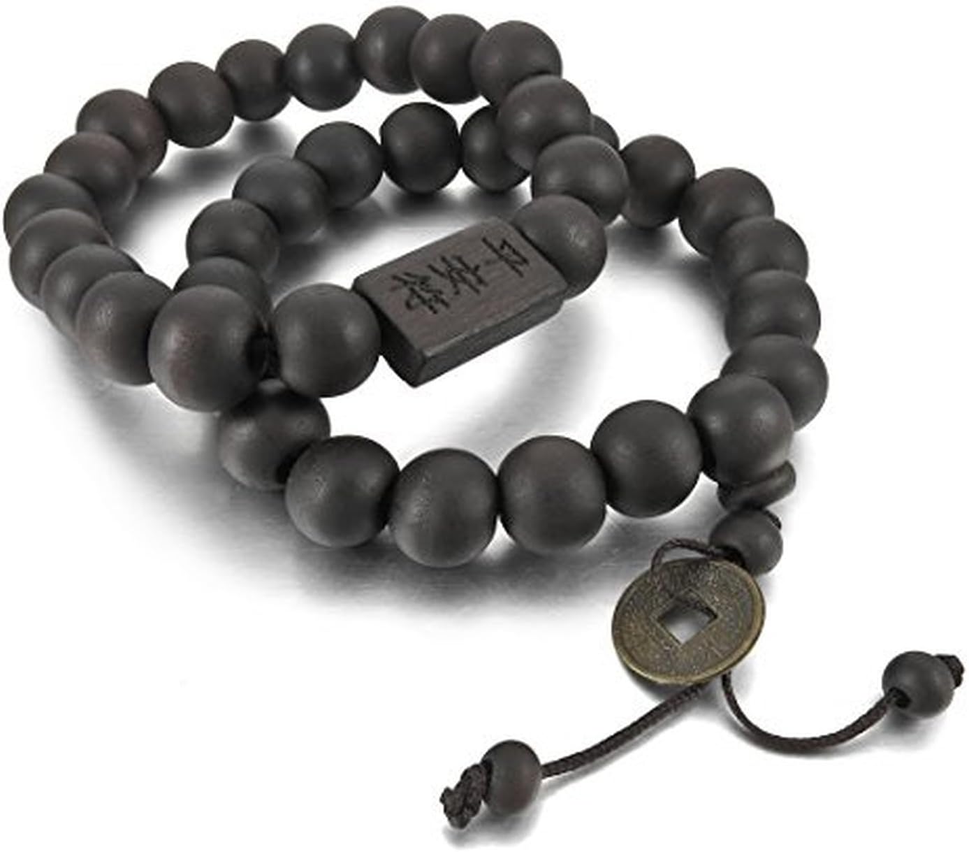 Men and Women's 2 PCS 11mm Wood Bracelet Link Wrist Tibetan Buddhist Beads Prayer Mala Amulet Coin Set Elastic
