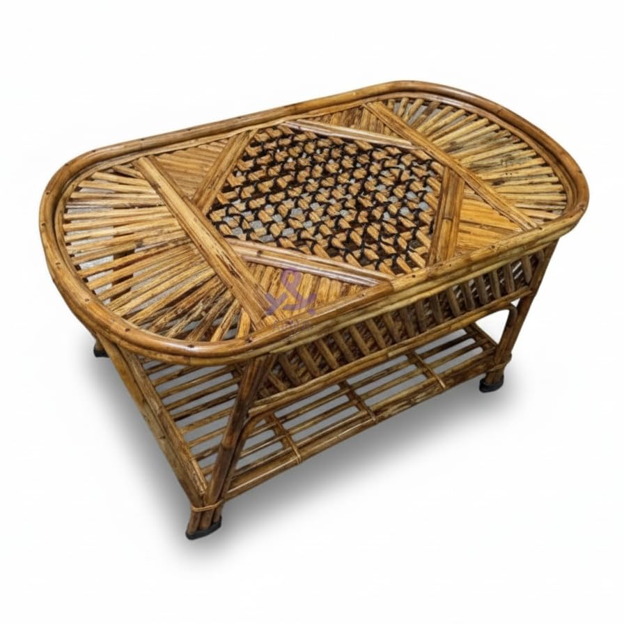 Avika Wood Bamboo Rattan Cane Coffee Table Center Table for Living Room Glass not Included-image-2