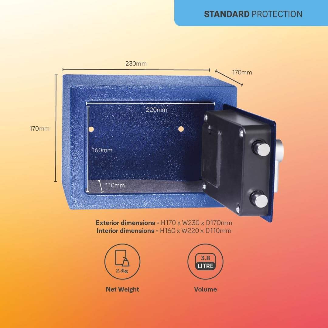 Diagram showing the exterior and interior dimensions of the Yale Mini Electronic Safe, with measurements in millimeters and indicating net weight and volume.