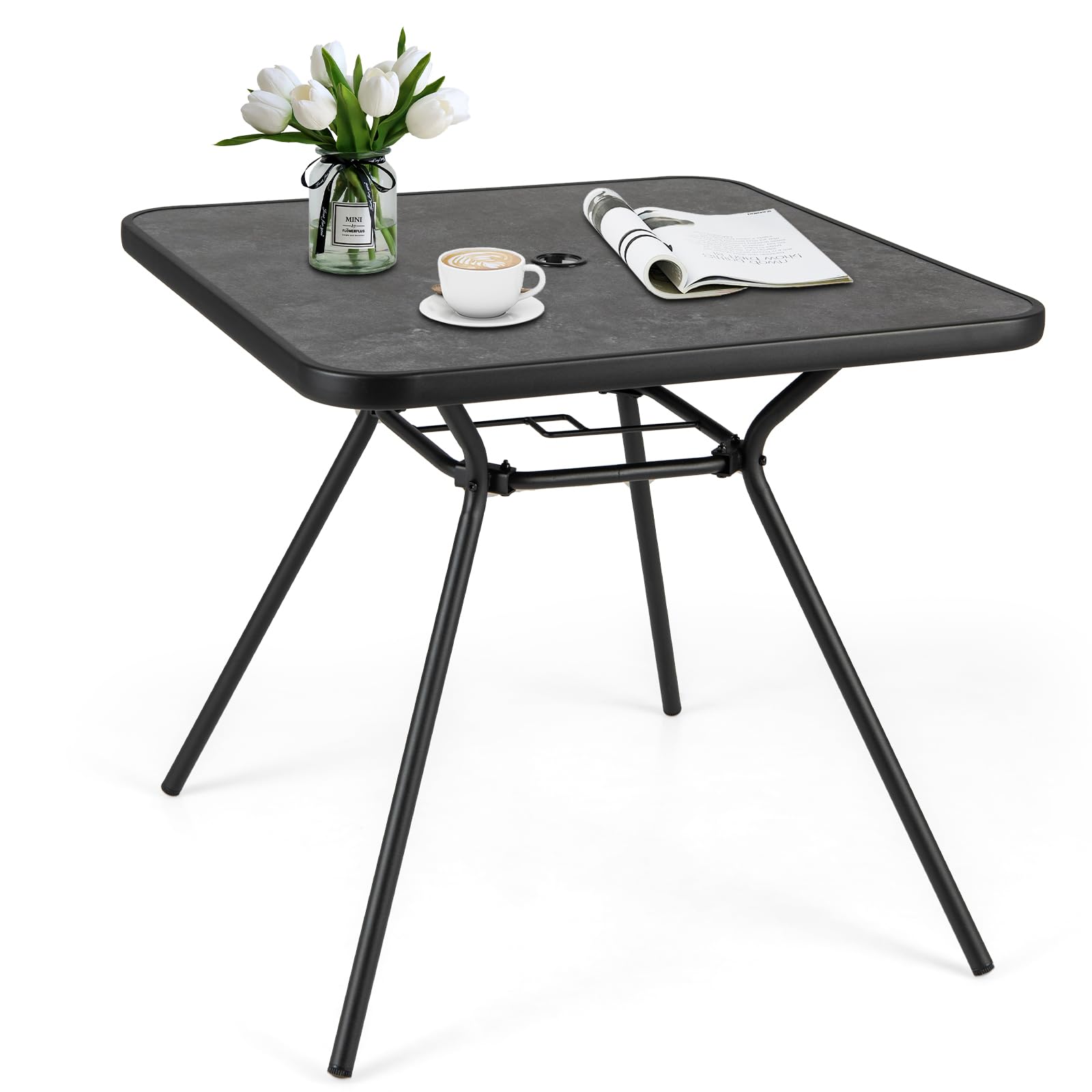 GiantexUK 80cm Outdoor Dining Table, Metal Frame Square Garden Table with Built-in Parasol Hole, Faux Marble Bistro Side Tables for Patio Balcony Poolside Lawn
