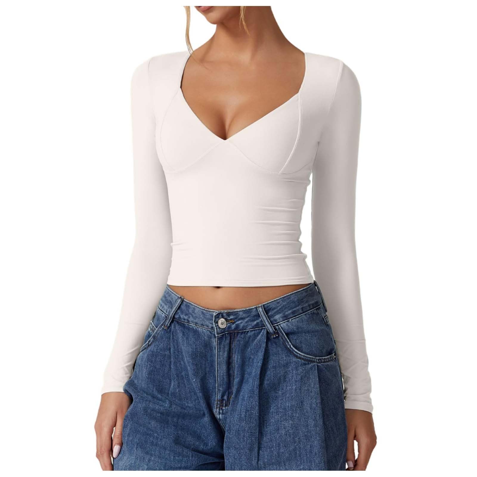 Maglia da donna a maniche lunghe con scollo a V, sexy, slim fit, Y2K, Skim Dupe Basic Crop, top a tunica, da donna, elasticizzata, per sport stretto, top da donna