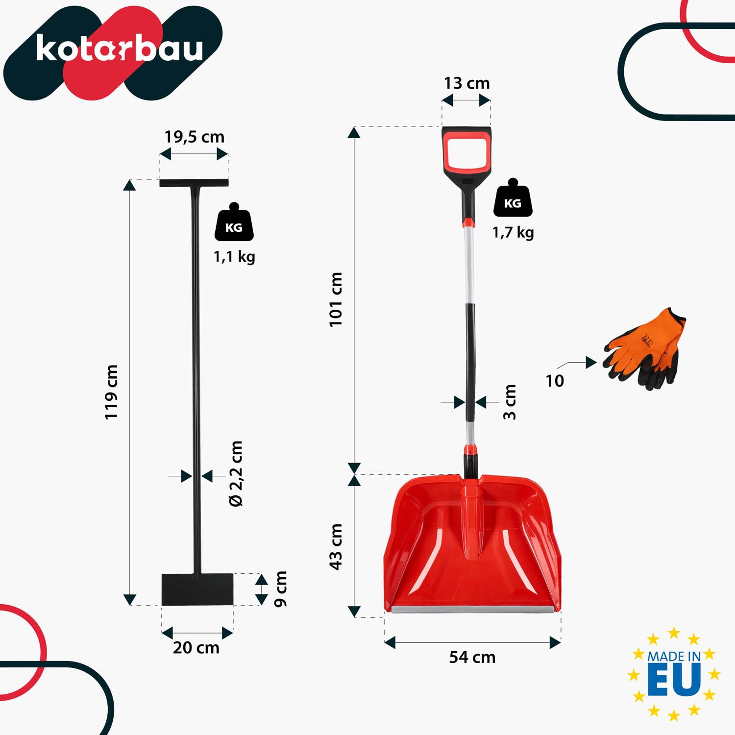 KOTARBAU® Set Schneeschaufel mit Aluminiumstiel 144 cm Eisschaber 119 x 20 cm + Handschuhe warm Schneeschieber Schneeschaufel Auto Stoßscharre mit Stiel Schaufel mit Stiel