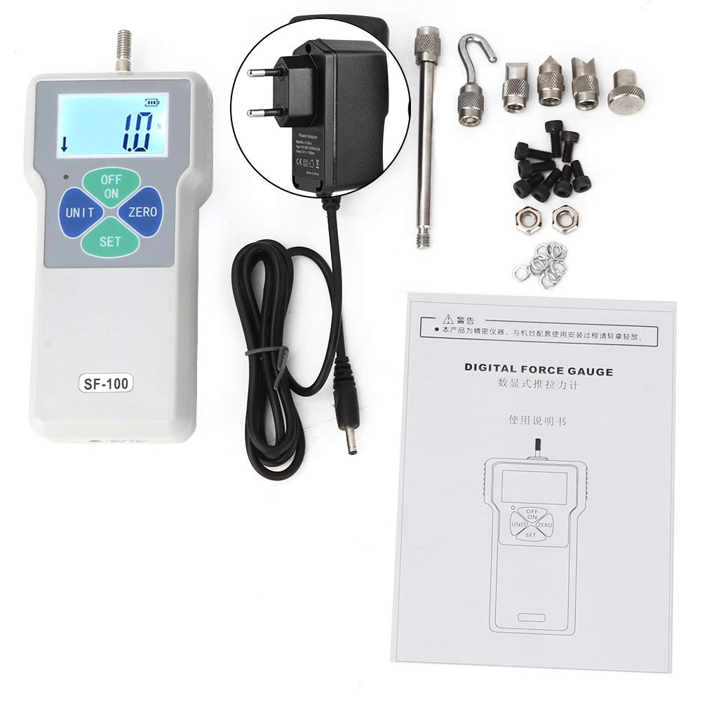 Digitales Kraftmessgerät SF-100 Tragbares Druck- und Zugmessgerät Digitales Kraftmessgerät 100N 100-240V, Einheitenanzeige: Lb, Kg, N(EU plug)