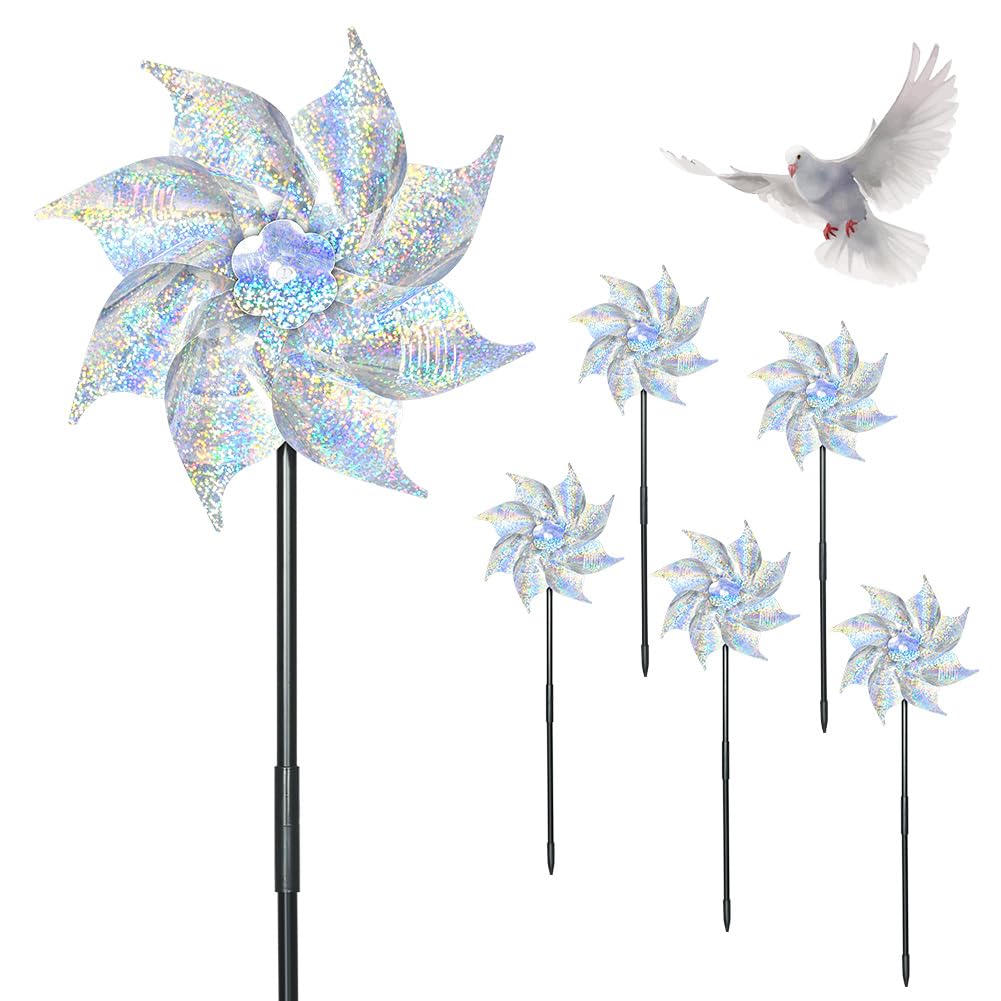 AOOWU 6 Pack Reflective Bird Scarer Windmill, Windmills Scare Birds Pigeons Deterrent, Bird Deterrent Windmills for Garden, Pinwheel Birds Deterrent for protection of Garden Crop, Fruit, Flower, Lawn