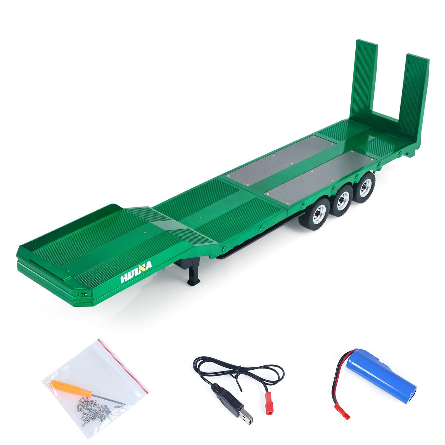 wheelfun HUINA 1/18 Plastic Flatbed Semi Trailer 1502 for Radio Controlled Tractor Truck 1501 Electric Support Legs Battery No Light Hobby Grade Model for Birthday Gift(Green)