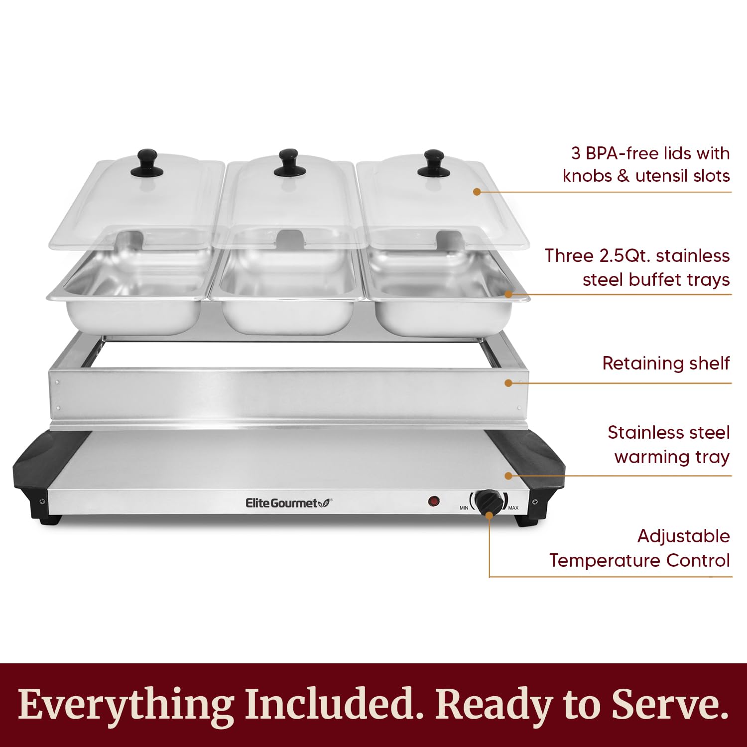 MaxiMatic EWM-6171 Elite Platinum 3-Tray 2-1/2-Quart Buffet Server, Stainless by Maximatic