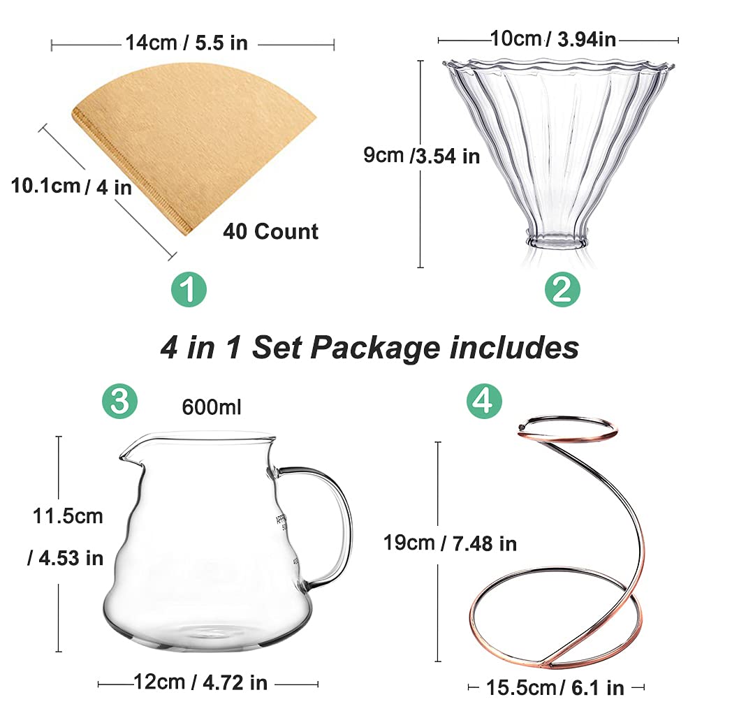 Pour Over Coffee Maker Set - Glass Dripper, Metal Stand, 600ml Heat-Resistant Server, 40 Filters - 4 in 1 for Home or Office (Bronze)