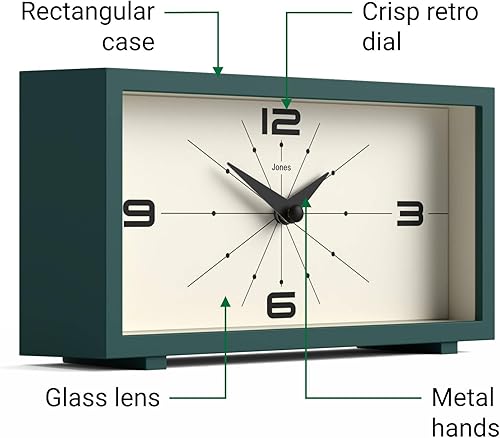 Miniatura 6 de JONES CLOCKS Reloj de escritorio Odeon Diseño rectangular moderno Verde Elegante aspecto retro para estante, mesa, mantel o mesita de noche