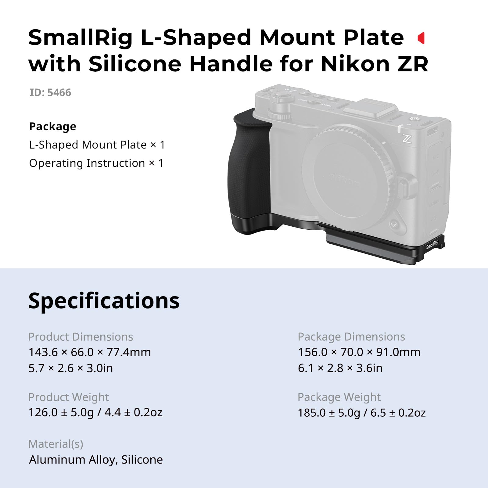SMALLRIG Poignée en L pour Nikon ZR avec Grip Ergonomique en Silicone, Filetage 1/4", clé magnétique, Plaque de Fixation Rapide intégrée pour Arca, en Marche Rapide sur trépied, 5466