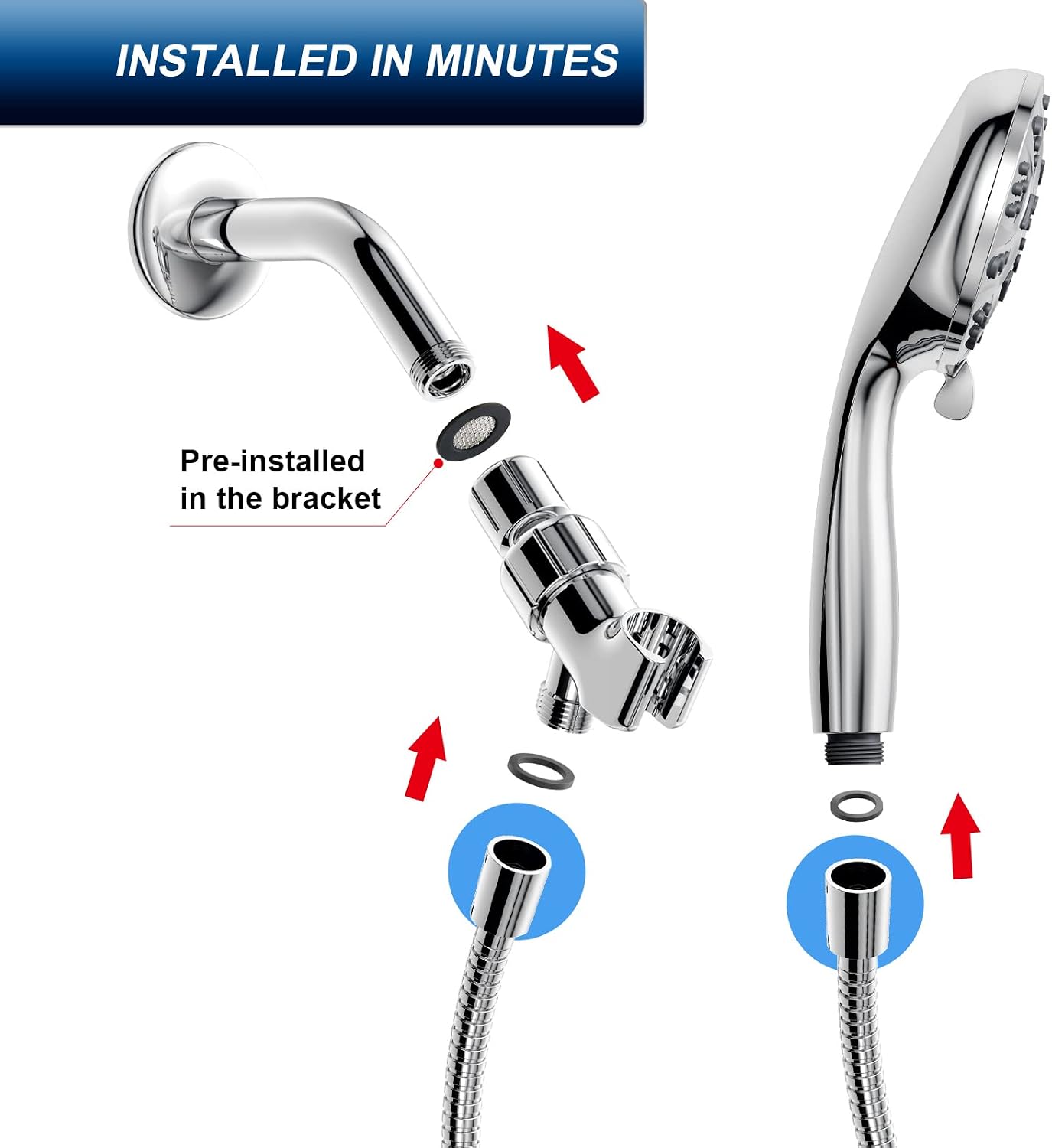 HOPOPRO DIY Bathroom Shower Head Combo, 6 Functions Handheld Shower Head Set & Upgraded 7 Inch High Pressure Fixed Shower Head