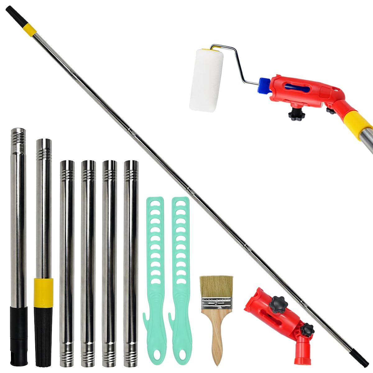 Vurixfo Multicolor Multi-Angle Paint Brush Extender Extension Pole Attachments, 1.7M Extendable Paint Roller Poles Tapered Adapter With Paints Stirrer And Paints Brush Fits Most Rollers Brush And Scrapers