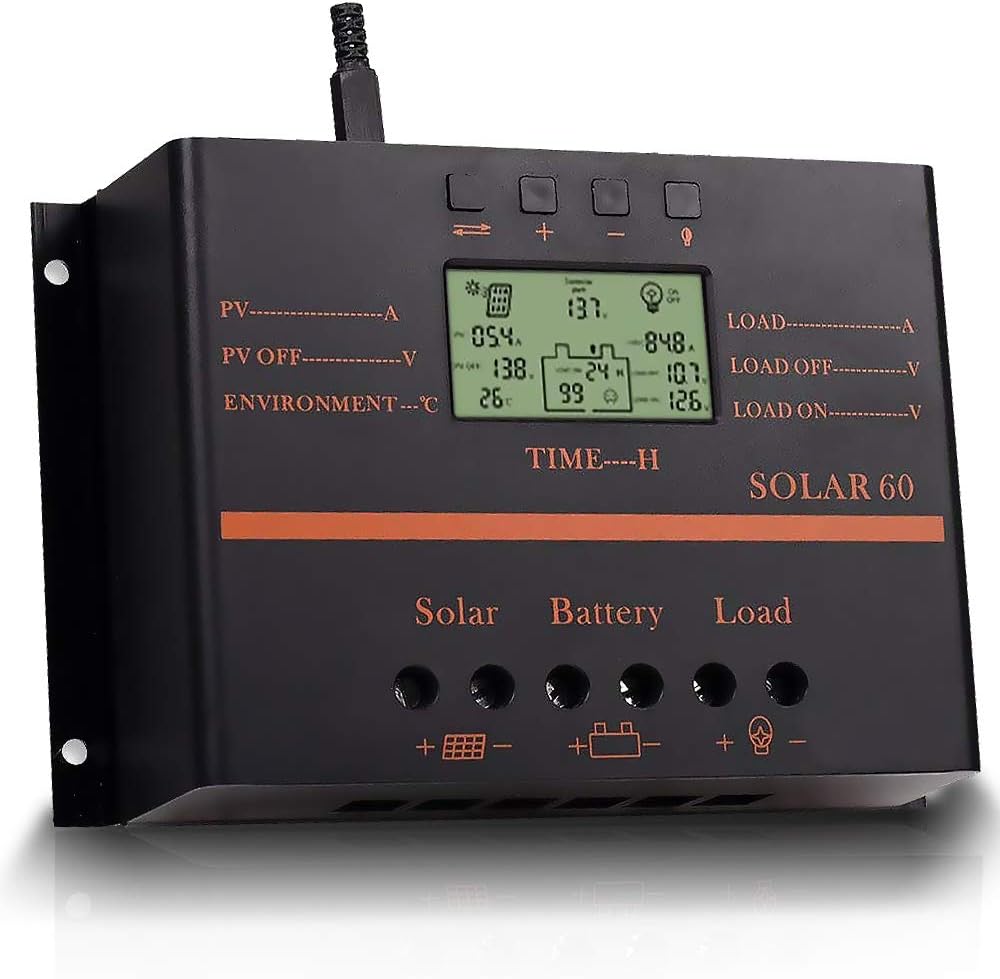 Solar Charge Controller 60A, Solar Panel Regulator 12V 24V Auto with Load Timer, 12V/720W, 24V/1440W with LCD Display USB 5V, Used for Lead-Acid Batteries