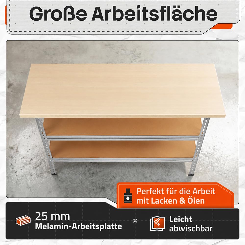 Ondis24 Werkbank Uwe 120cm Metallregal und Werktisch mit höhenverstellbaren Einlegeböden Packtisch verzinkt 92cm Arbeitshöhe mit Buchenarbeitsplatte (Melamin)