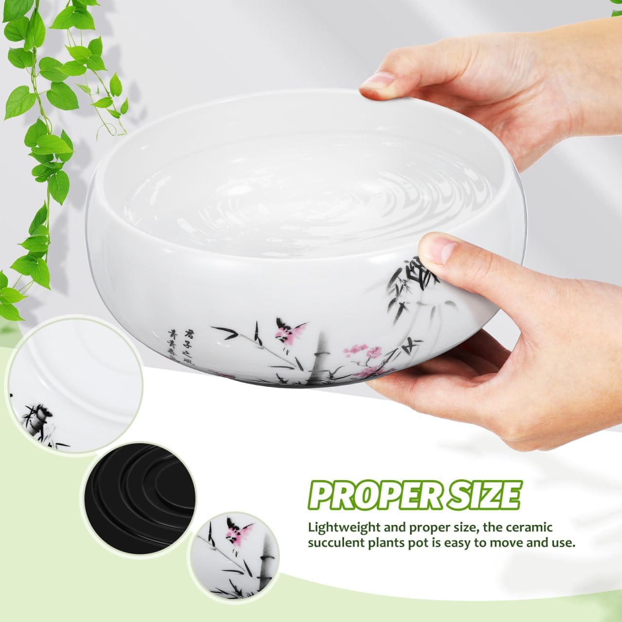 DOITOOL Lotus Bowl Planter, 6.9 Inch Water Lily Bowl Chinese Style Ceramic Lotus Planter, Bonsai Flower Water Lily Pot Hydroponic Pot with Plastic Base