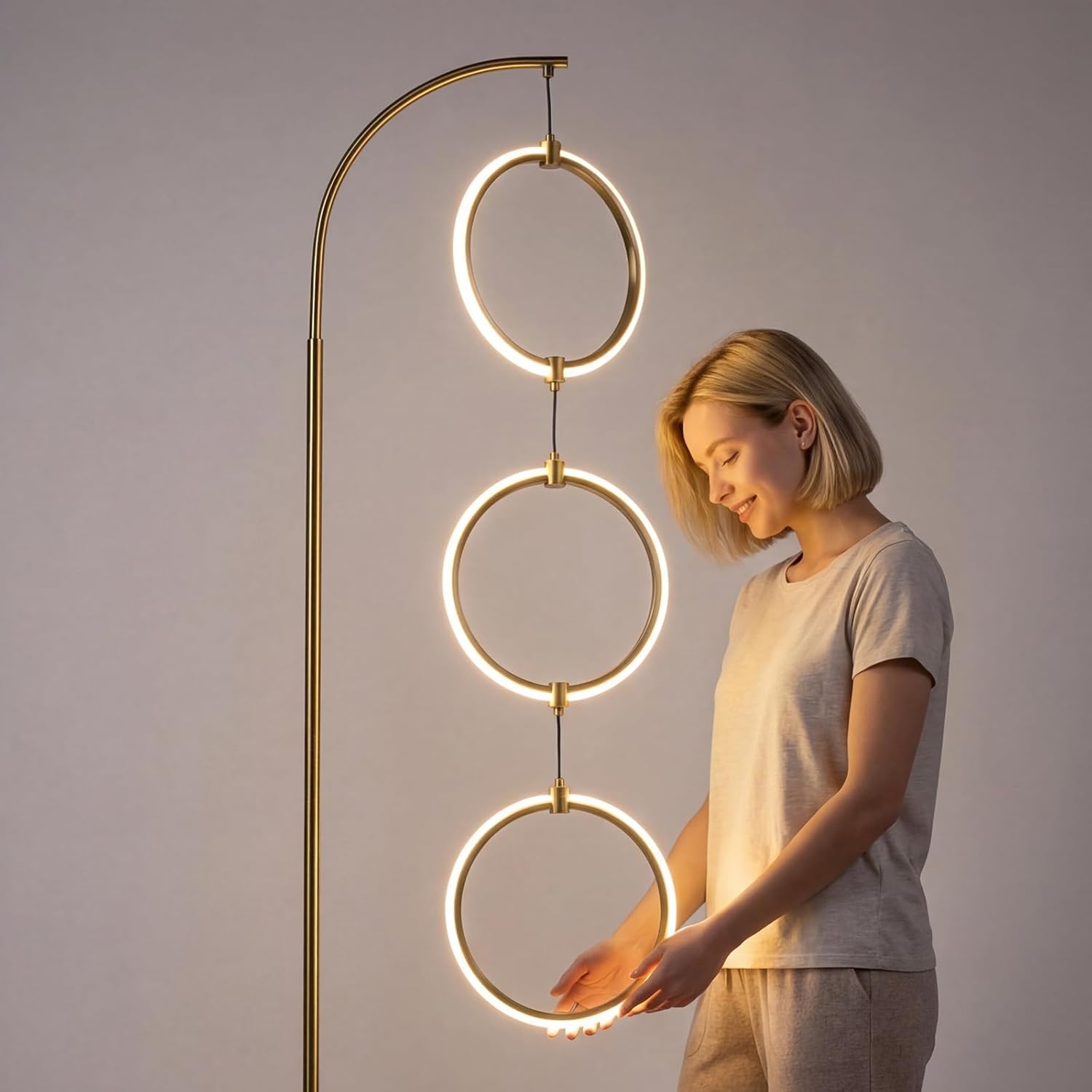 Gold 3-Light LED Floor Lamp, Modern Arc Floor Lamp for Living Room, Industrial Stepless Dimmable & 3-Way Dimmable Tall Arch Standing Floor Lamp for Reading, Bedroom, Office, Antique Brass