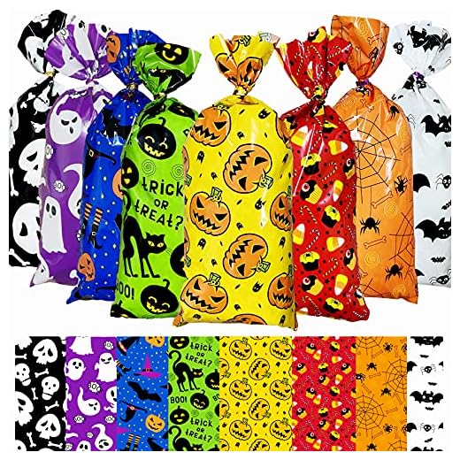 Joy Bang Halloween Cellophane Treat Bags 160PCS Halloween Cello Bags with Twist Ties Halloween Cellophane Snack Candy Bags for Kids Pumpkin Bats Gift Wrap Bags for Halloween Party Favors