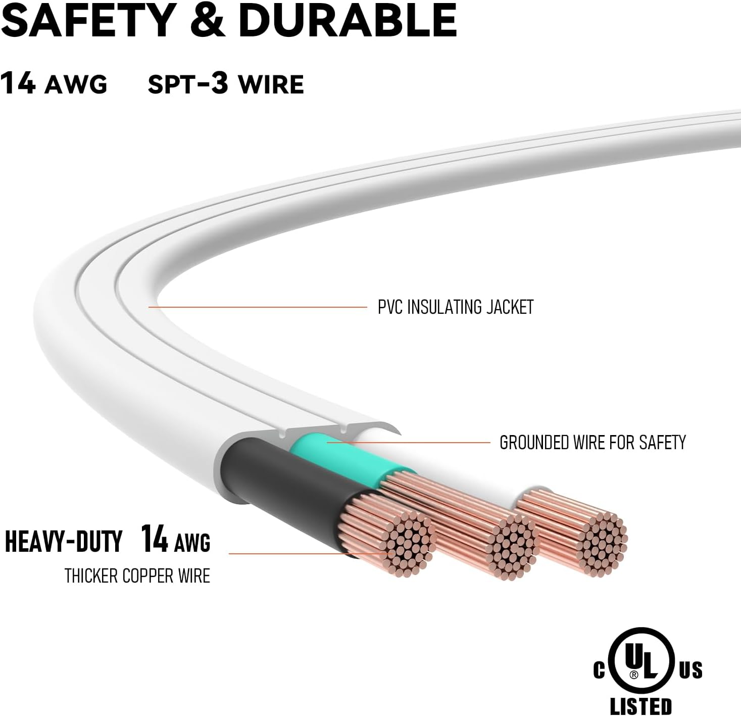 14 Gauge Heavy Duty Appliance Extension Cord - 6 FT SPT-3 Flat Plug 3 Prong Grounded Power Cable for Air Conditioners, Refrigerators, Microwaves, Washing Machines - Indoor Use, White
