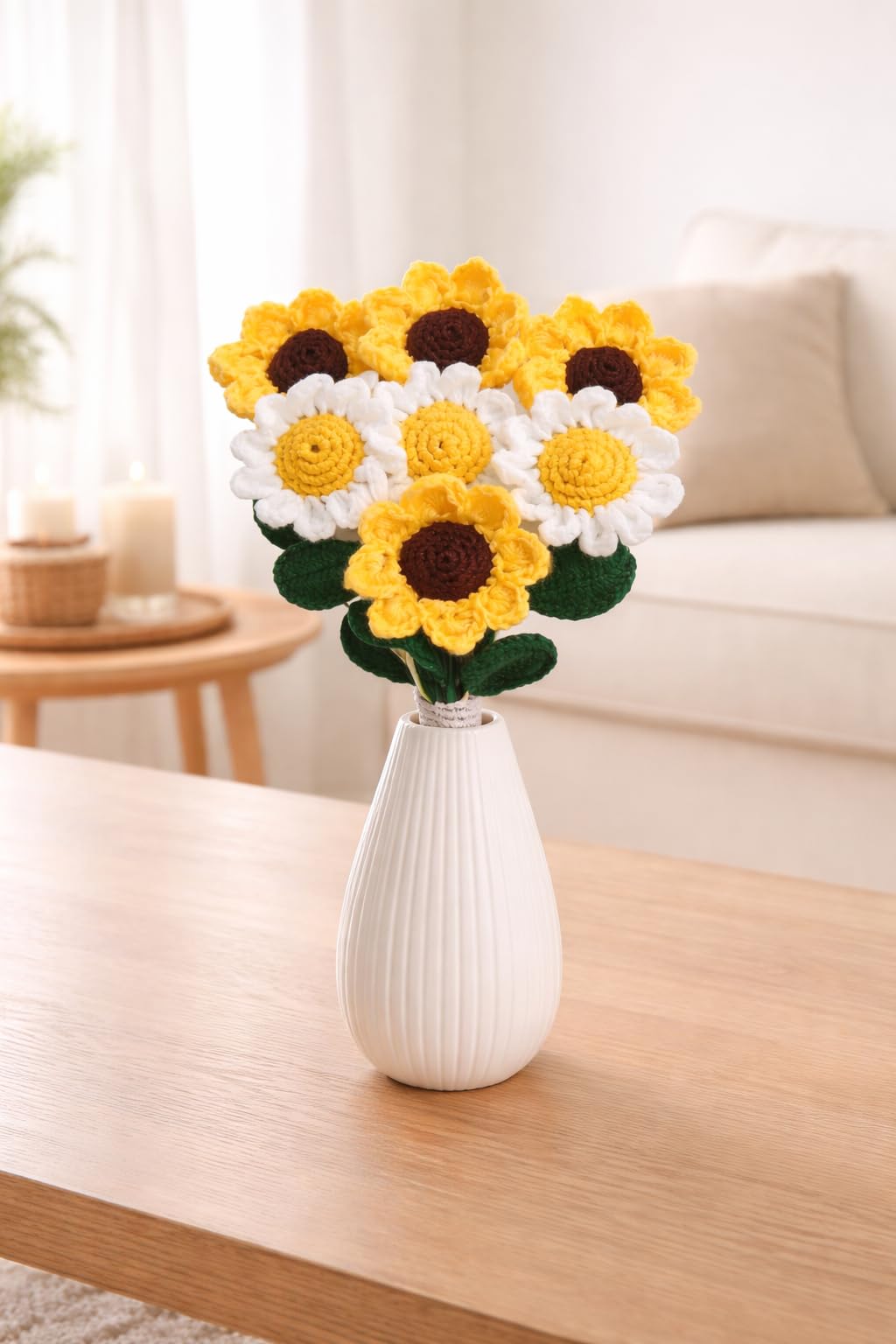 SHREE CROCHET Handmade Crochet Flower Bouquet – 4 Sunflowers & 3 White Daisies | Aesthetic Décor & Gifting Accessory (7 Pieces)-image-39