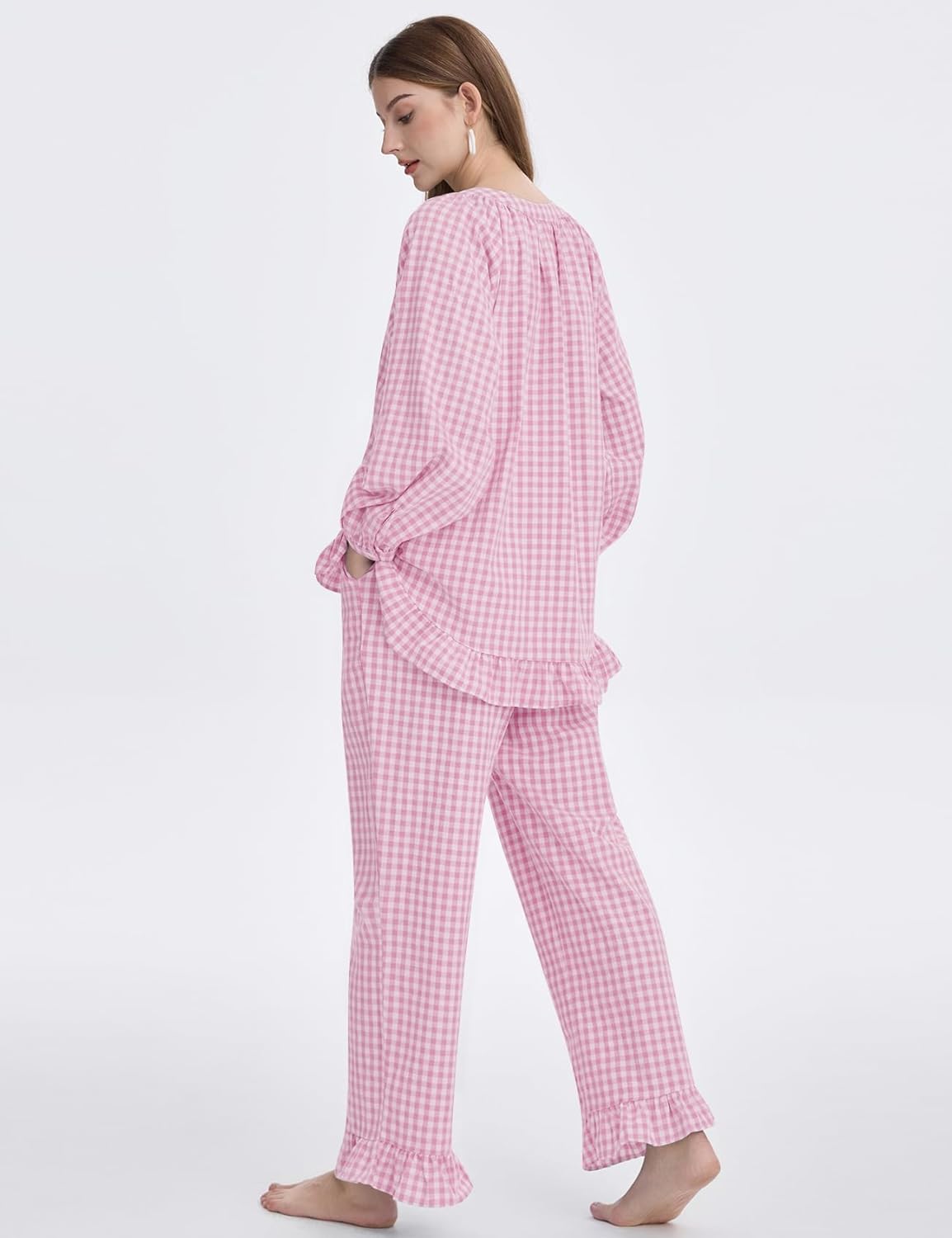 COZYPOIN Womens Plaid 2 Piece Pajamas Sets Cotton Gingham Puff Long Sleeve Cute Shirt Ruffle Pants Y2K Pjs Lounge Set - Image 4